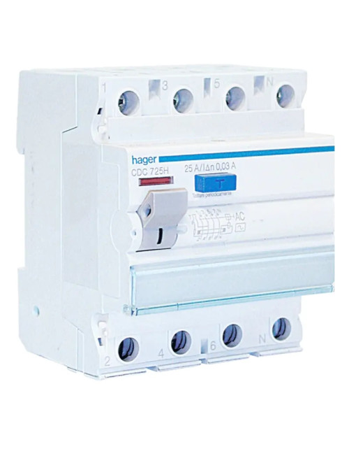 Disyuntor de corriente residual Hager 4P 25A 30MA AC 4 módulos CDC725H