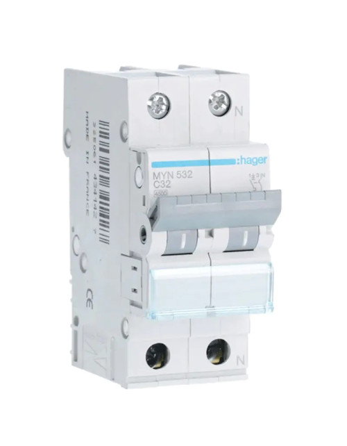 Hager interrupteur magnéto-thermique 1P+N 32A 4.5KA C 2 modules MYN532