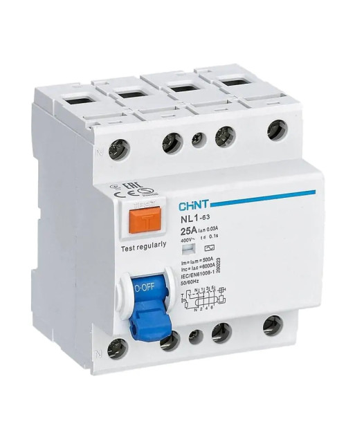 Disjoncteur à courant résiduel pur Chint NL1-63 25A 4P 30MA Type AC 4 Modules 200223